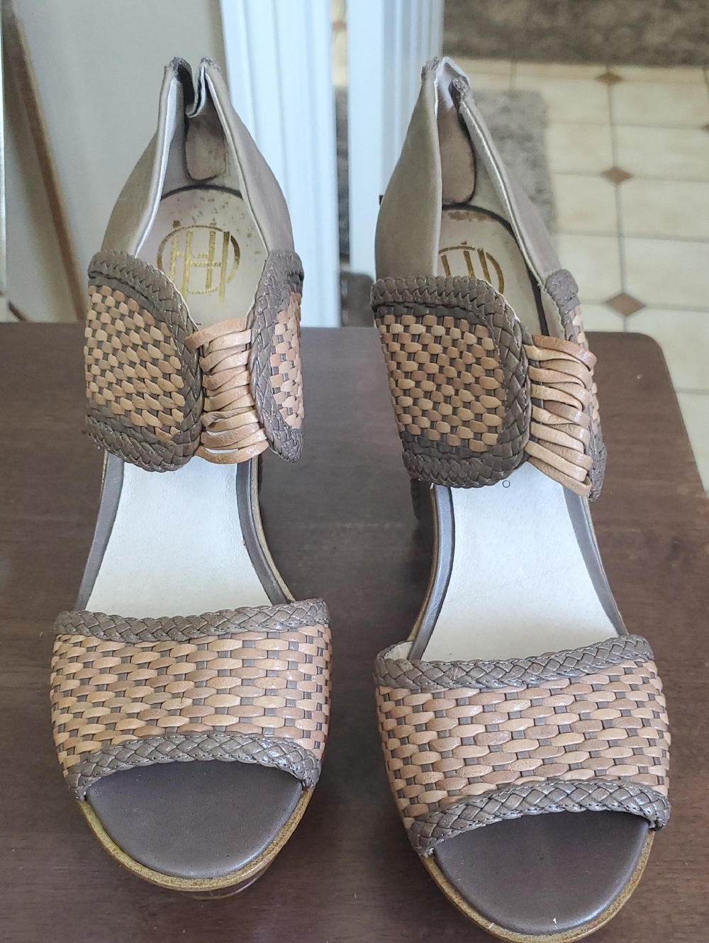 House of Harlow 1960 Woven Tan & Brown Open-Toe Heels